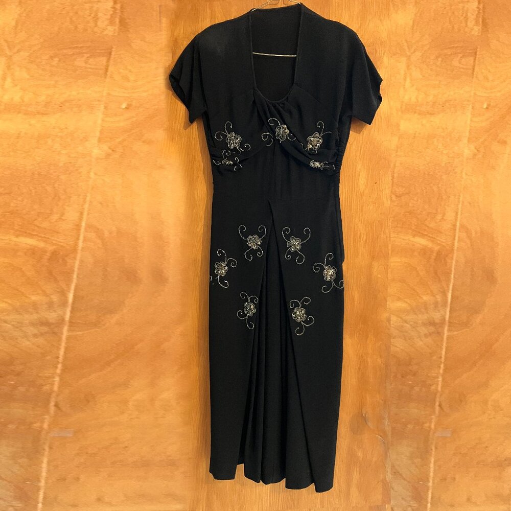 Vintage Midi Black Beaded Dress Fitted Waist 1940's Size S 2